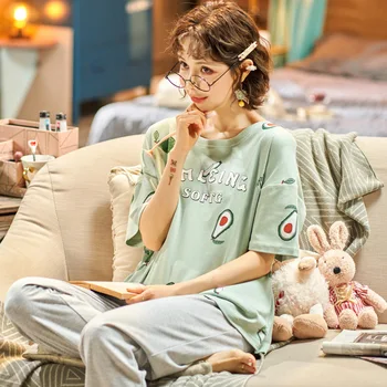 

Cotton Pajamas Women's Summer Short-Sleeved Trousers Two Piece Suit Casual Girl's Fashion Leisure Tops Can Be Worn outside