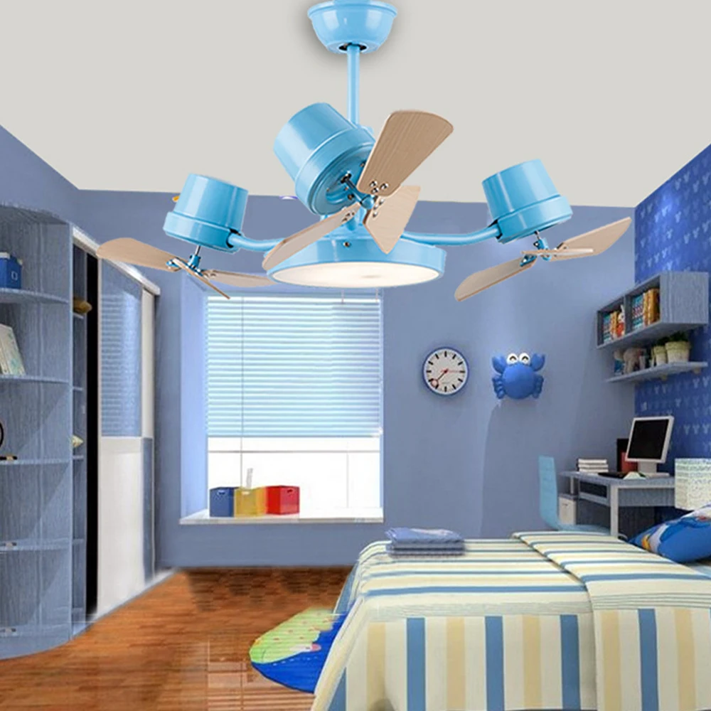 

Creative Rotating Ceiling Fans with LED Lights for Children Kids Kindergarten Bedroom Wood Yellow Blue Cartoon Windmill Lamp