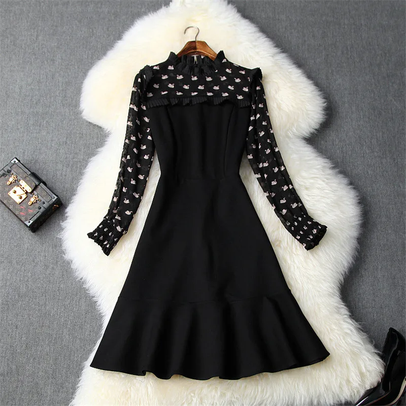 High Fashion Autumn Winter Dresses for Women New Elegant Clothes Long Sleeve Ruffle Print Patchwork Casual Dress Black