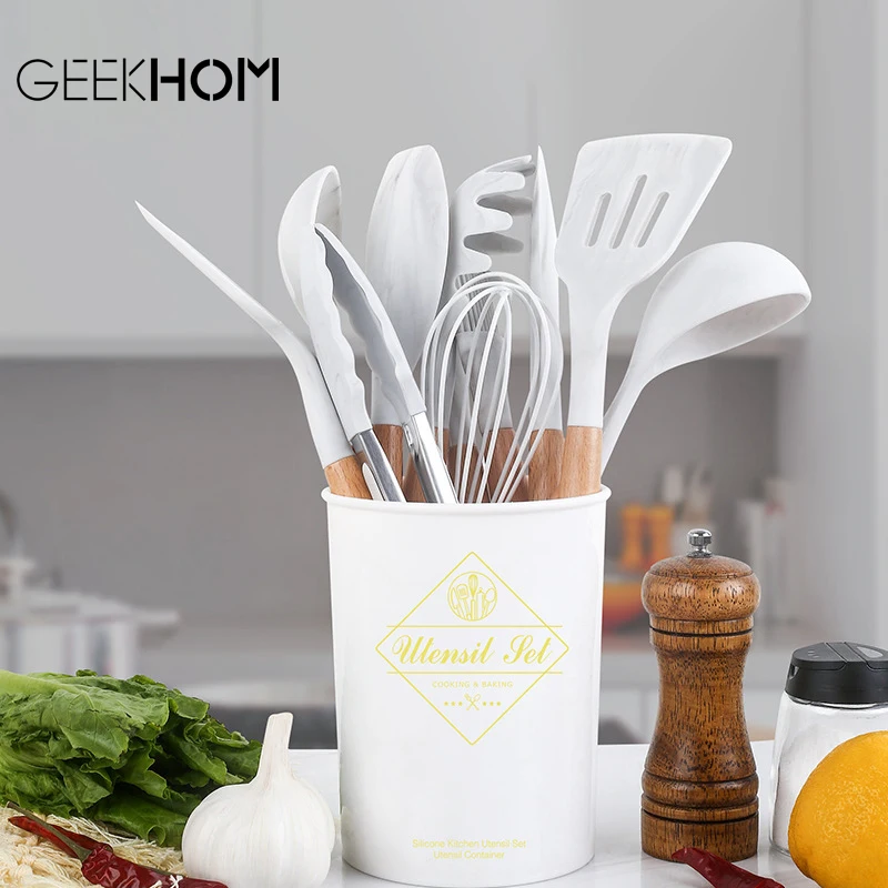

Silicone Kitchen Utensils Non-Stick Spatula Shovel Wooden Handle Cooking Tools Set With Storage Box Kitchen Kitchenware