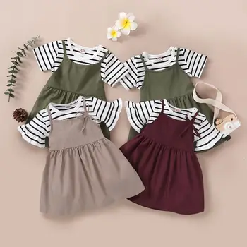 

Children Clothing Toddler Kids Baby Girl Summer Clothes Flare Sleeve Striped Tops Shirt+Overalls Dress 3pcs Outfits Costume Sets