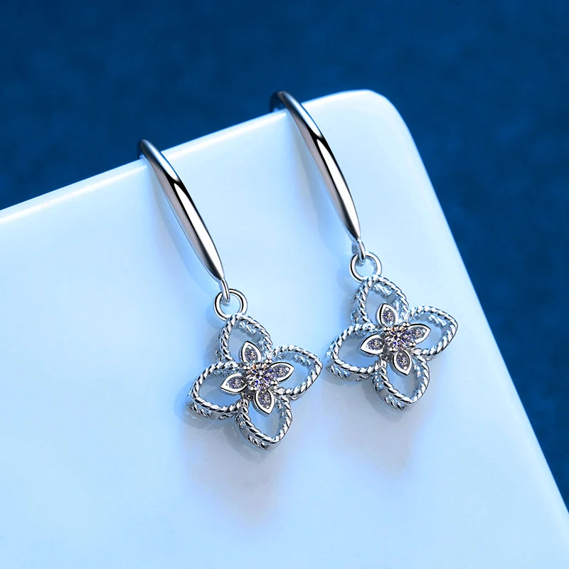 14k White Gold 0.08 Carat D Color Moissanite Flower Dangle Earrings Cute Design Pure Silver Drop Earring For Women Birthday Gift