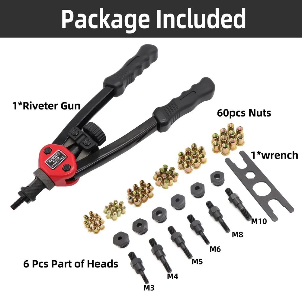 Hand Threaded Rivet Nuts Guns Riveter Riveting Rivnut Tool Nuts 605 606 Double Insert Manual for M3/M4/M5/M6/M8/M10 Nut