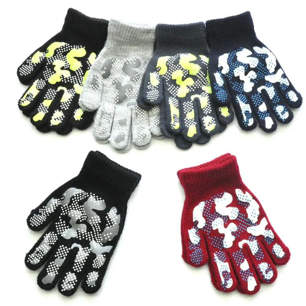 3 Pair Kids Magic Gripper Gloves Camouflage Design 3 Colours Acrylic Winter Warm 