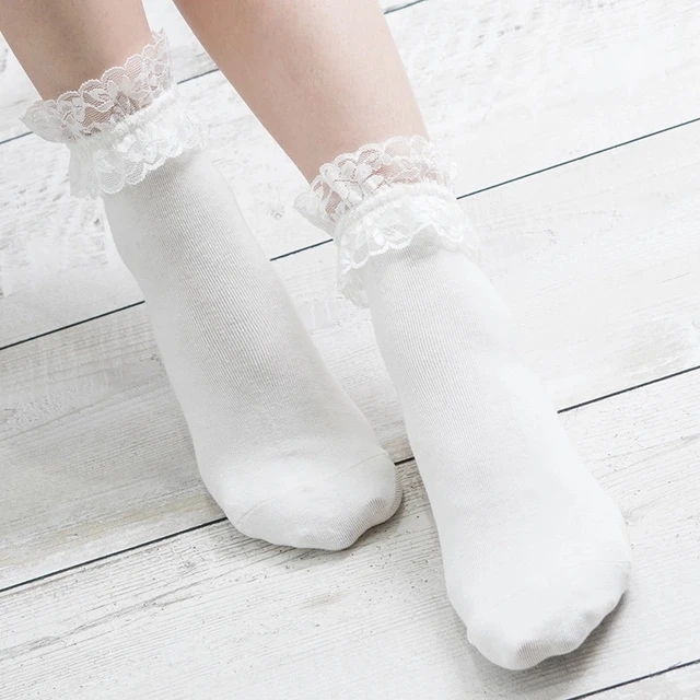 Women Lace Mesh Black White Cotton Socks Lolita Style Japanese Maiden Lovely Short Socks Harajuku Frilly Ruffle Princess Socks White