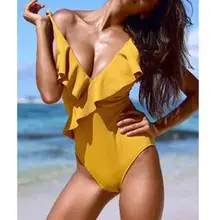Женский сдельный купальник, модный сексуальный летний купальник с бретелькой через шею, Одноцветный комплект бикини с оборками, пуш-ап купальник, Прямая поставка