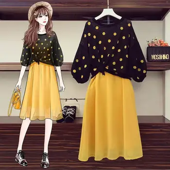 

2 Piece Set Women 2020 Summer Yellow Chiffon Suspender Dress + Black Polka Dot Crop Top Ensemble Femme Plus Size 4XL Conjuntos
