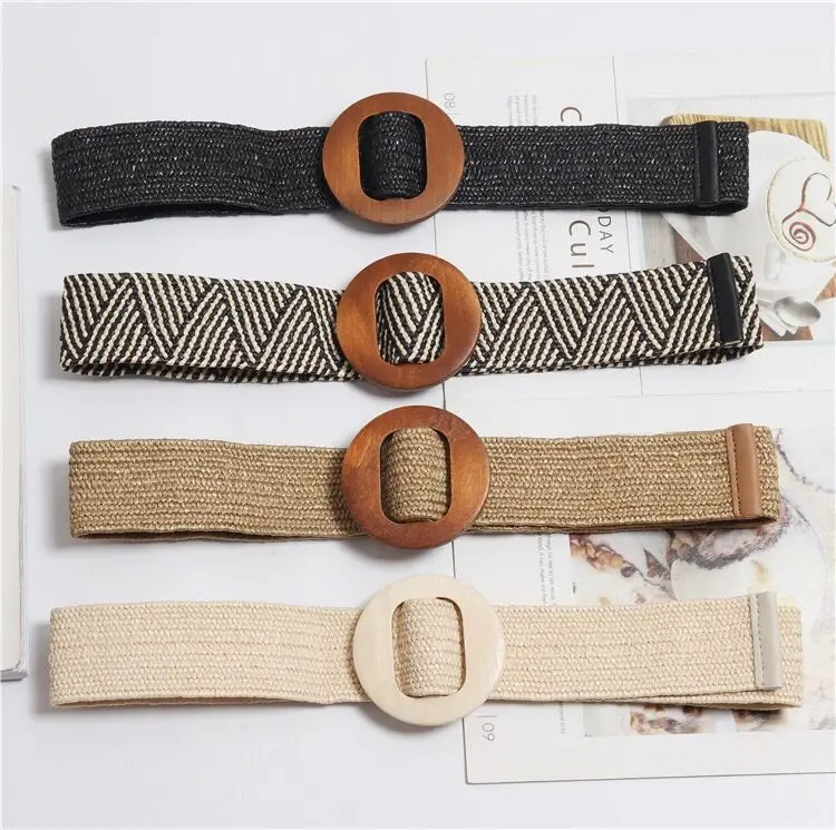 

Summer Elastic Imitate Woven Straw Waist Belts Square Buckle Adjustable Woven-straw Waistband Bohemian Beach Dress Belts BZ22