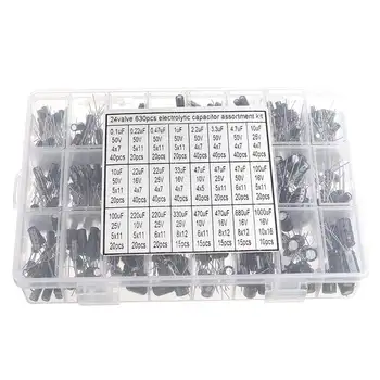 

630PCS 50V 25V 16V 10V Inline Type Electrolytic Capacitor Assorted Kit 0.1uF - 1000uF 24value Electrolytic Capacitor