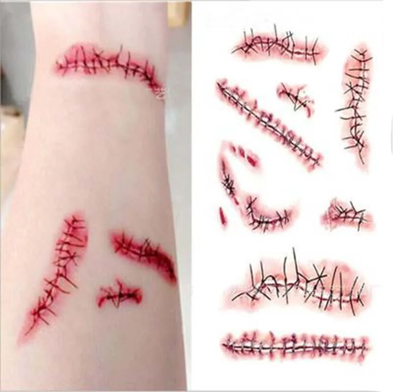 

Zombie Scars Tattoos With Fake Scab Bloody Makeup Halloween Party Decoration Wound Scary Injury Sticker 1PC