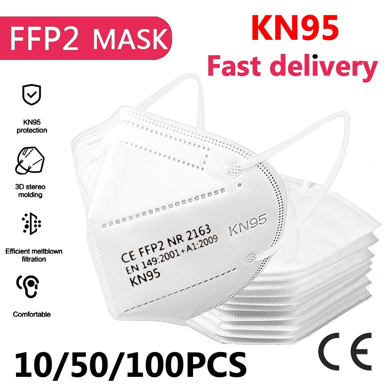 Mascarilla facial KN95 ffp2 reutilizable, máscara respirador para la boca, desechable para la salud, 10/50/100 Uds.