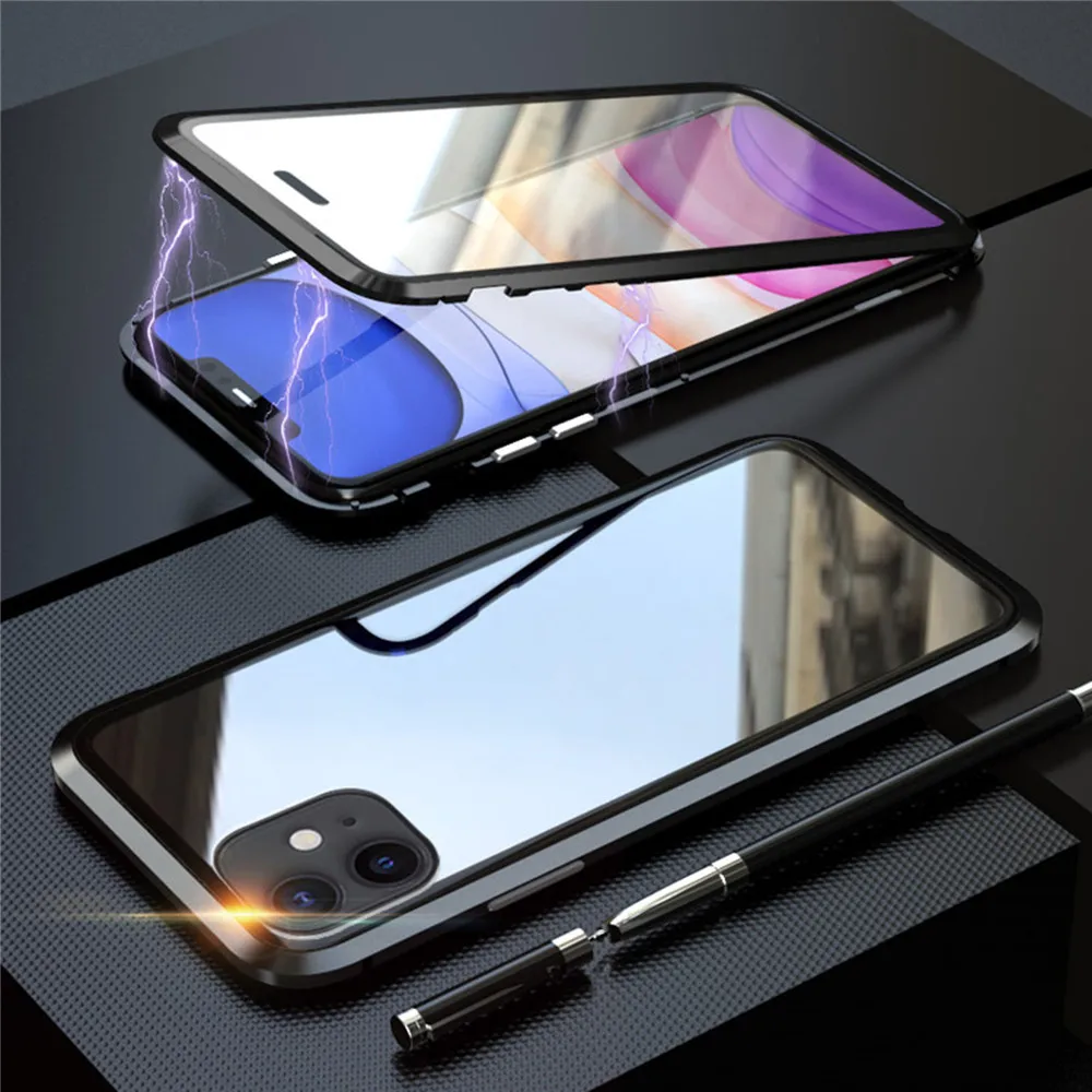 Для iphone 11 двухстороннее прозрачное закалённое стекло Магнето корпус телефона защитный чехол для iphone 11 Pro для iphone 11 Pro Max - Цвет: For iPhone 11 black