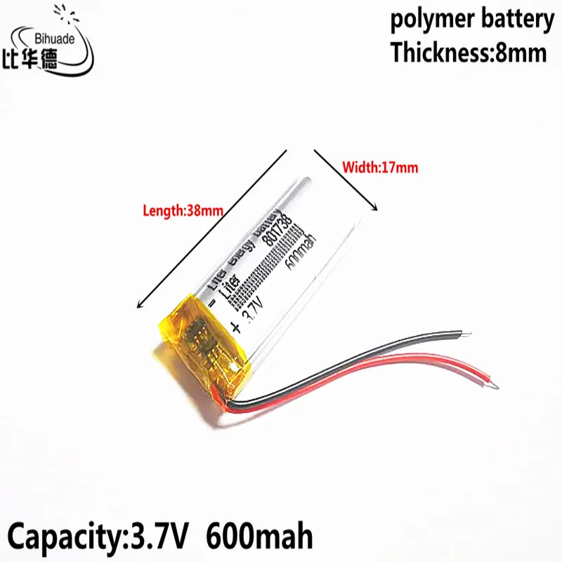 2021 The factory 3.7V 600MAH 801738 Lithium Polymer LiPo Rechargeable Battery For Mp3 headphone PAD DVD bluetooth camera | Электроника