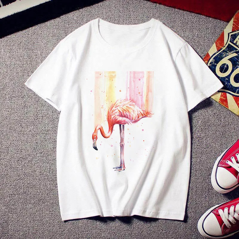 Flamingo beauty trendy T-shirt ladies print fashion 90s Harajuku short-sleeved T-shirt white retro summer T-shirt top