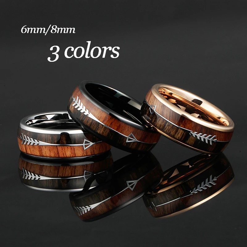 Online 6 8mm Hartmetall Ringe für Männer Frauen Hochzeit Bands Natur Koa Holz Pfeil Inlay Angepasst Kostenloser Gravur komfort Fit