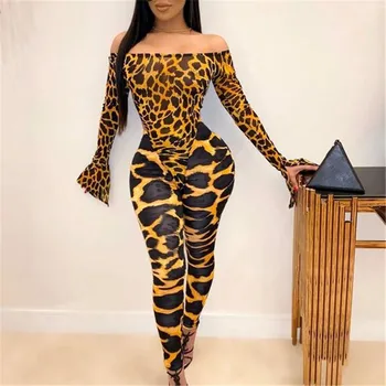 

Ladies' Sexy Cold Shoulder Playsuit New Fashion Leopard Long Sleeves Slim Casual Jumpsuit Female Autumn Bodycon Rompers Costume