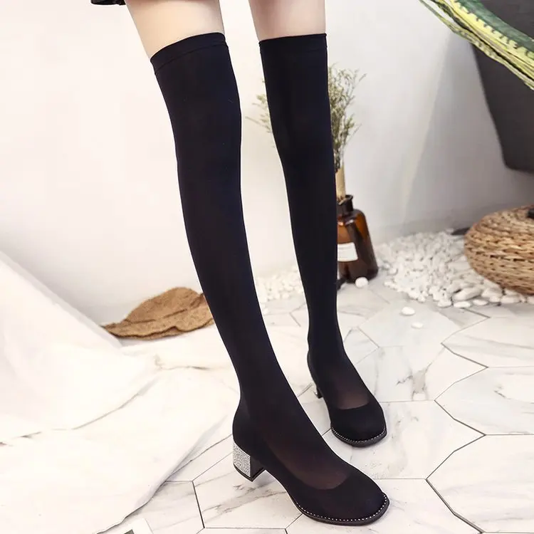 

2019 Autumn And Winter New Style Silk Socks Thigh Boot over-the-Knee High Boots Winter WOMEN'S Shoes Chunky-Heel Flat Man-made D