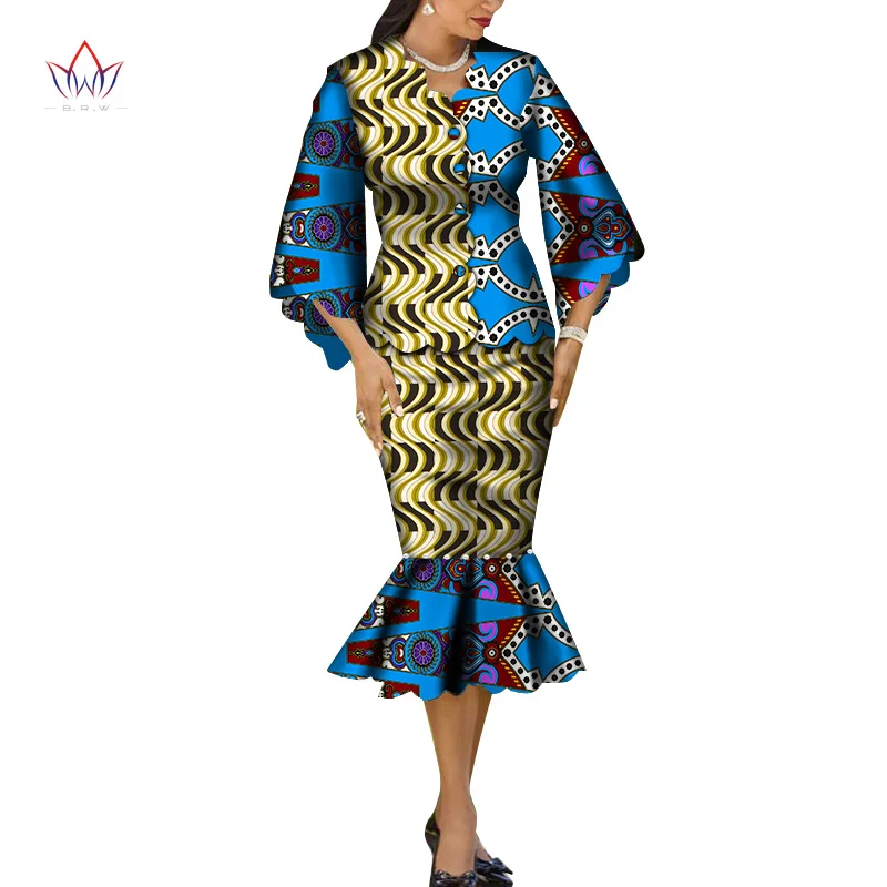 Африканская юбка для женщин с круглым вырезом, Африканский принт, одежда для женщин, хлопковая юбка, комплект с длинным рукавом, африканская одежда, традиционная одежда WY5626
