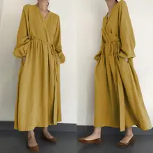 Kaftan Lino Maxi vestido de verano para mujer ZANZEA Casual linterna manga Vestidos largos Mujer cuello en V una pieza Bata con cinturón(China)