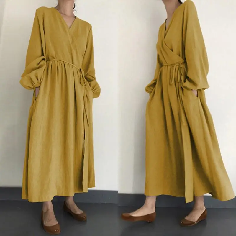 Женское льняное платье-макси Kaftan, летнее Повседневное платье с рукавами-фонариками и v-образным вырезом, цельное платье с поясом Женское льняное платье-макси Kaftan, летнее Повседневное платье с рукавами-фонариками и v-образным вырезом, цельное платье с поясом