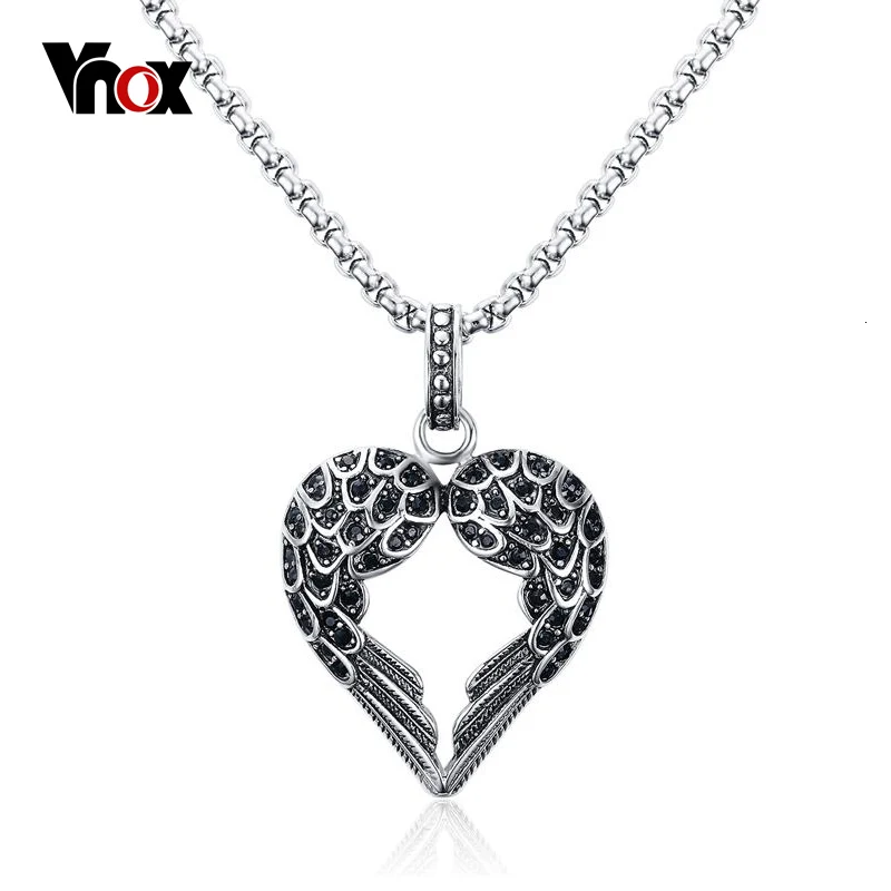 Vnox Heart and Wings Necklace Men Vintage Gothic Feather Angel Wing