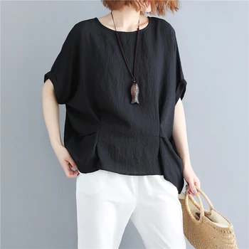 

COIGARSAM Short Sleeve blouse women Summer Cotton Linen Loose blusas womens tops and blouses White Black Peacock Blue 8397