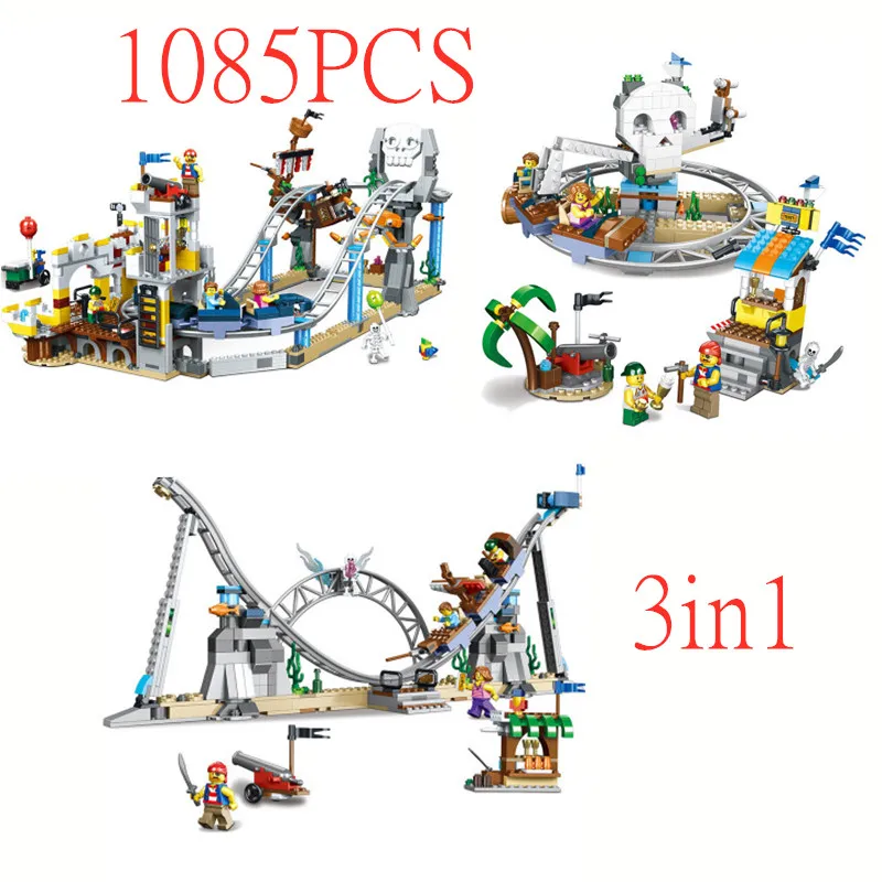 

1085pcs 3in1Roller Coaster Pirates Figures Building Blocks Toys compatible Legoinglys City Blocks Pirate Building Kids Toys