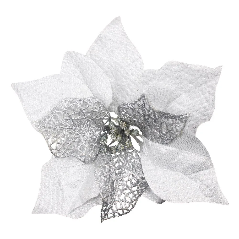 12pcs/lot Artificial Christmas Flowers Plastic&Cloth Glitter Hollow Flower For Christmas Tree Decoration DIY Xmas New Year Decor - Цвет: Silver(20cm)