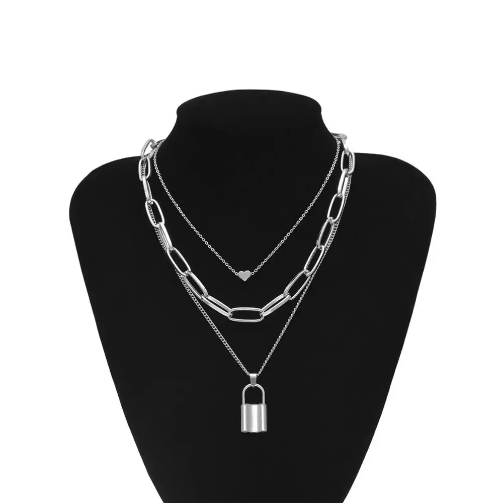 Punk Goth Double couche longue chaîne serrure clé pendentif collier tour de cou Bijoux GIES Punk Goth Double couche longue chaîne serrure clé pendentif collier tour de cou Bijoux GIES