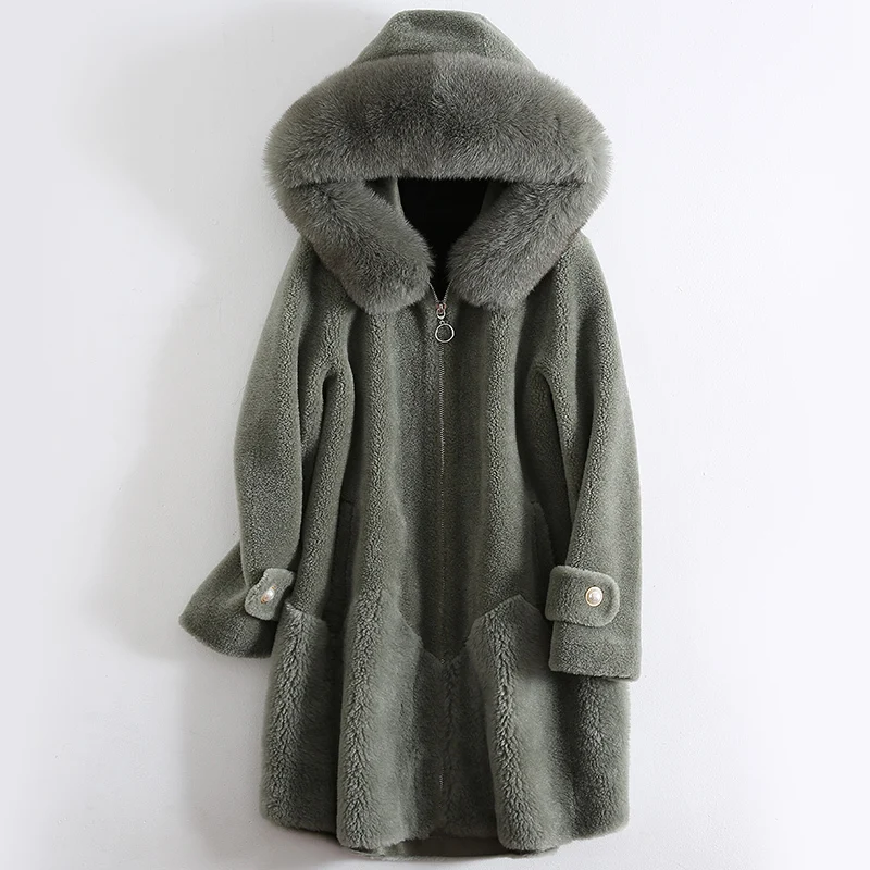 Женская Шуба с капюшоном из натурального меха лисы Корейская длинная шуба овчины