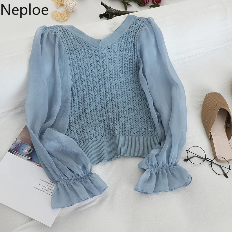 Neploe Fashion Patchwork Mesh Blouse Women V Neck Knit Flare Long Sleeve Blusas Autumn Spring New Slim Shirt Elegant 47108