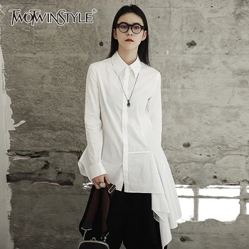 

TWOTWINSTYLE White Asymmetrical Women's Shirts Lapel Collar Hollow Out Long Sleeve Irregular Hem Shirt Female 2020 Spring New