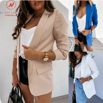 

Fashion Women Spring Autumn Solid Color Suits Patchwork Design Turn-down Collar Long Sleeve Slim Cardigan Coat