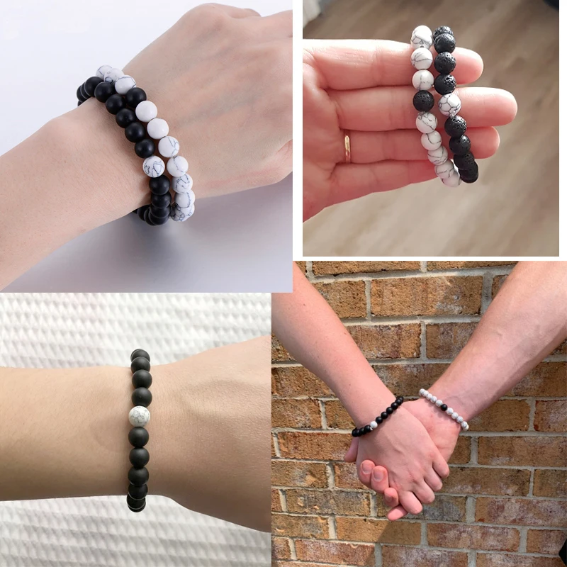 Distance Couple Bracelet Men Women 8mm Black Lava White Natural Stone Beads Strand Bracelets Bangles Friendship Jewelry Pulseras