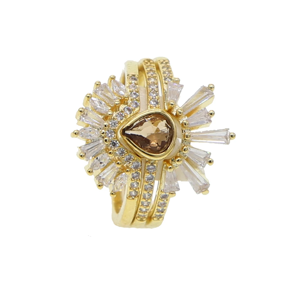 

Gold filled 3pc/set tear drop band with blue coffee color baguette cz luxury trendy geometric female women wedding finger ring