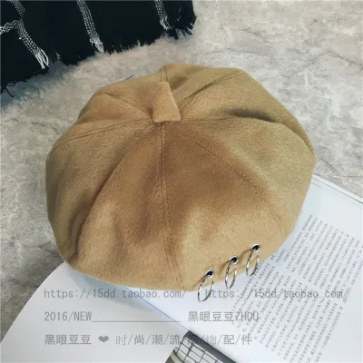 Корейский стиль стиль Ulzzang крутое кольцо художника Кепка железный обруч берет Женская осень и зима ретро Британский корейский стиль - Цвет: Camel