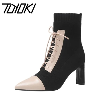 

Tuyoki Women Stretch Boots Fashion Mixed Color Pointed Head Square Heels Shoes Women Lace Up Warm Winter Footwear Size 33-40