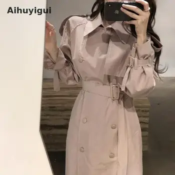 

Aihuyigui 2019 Women Solid Chic Temperament Trench Coat Double-breasted Sash Loose Strap Logn High Street Windbreaker Coat Ru304