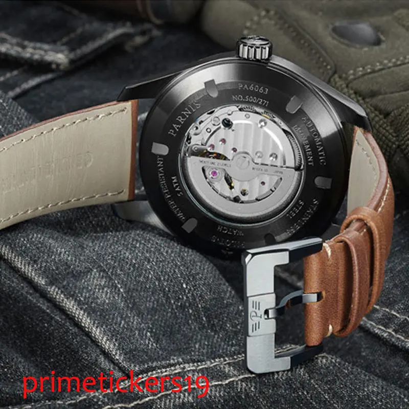 PARNIS men watch 44mm PVD coated case date sapphire glass automatic movement yellow hands