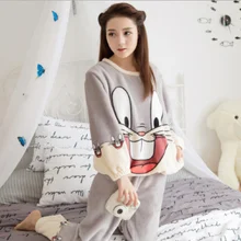 2021 Autumn Winter Warm Flannel Women Pyjamas Sets Thick Coral Velvet Long Sleeve Cartoon Sleepwear Thin Flannel Pajamas Set