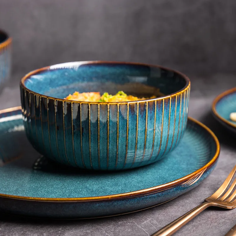US $109.62 Kinglang Nordic Blue Tableware Set Kiln Glazed Ceramic Rice Salad Round Dish Dinner Plate Dinnerware Set