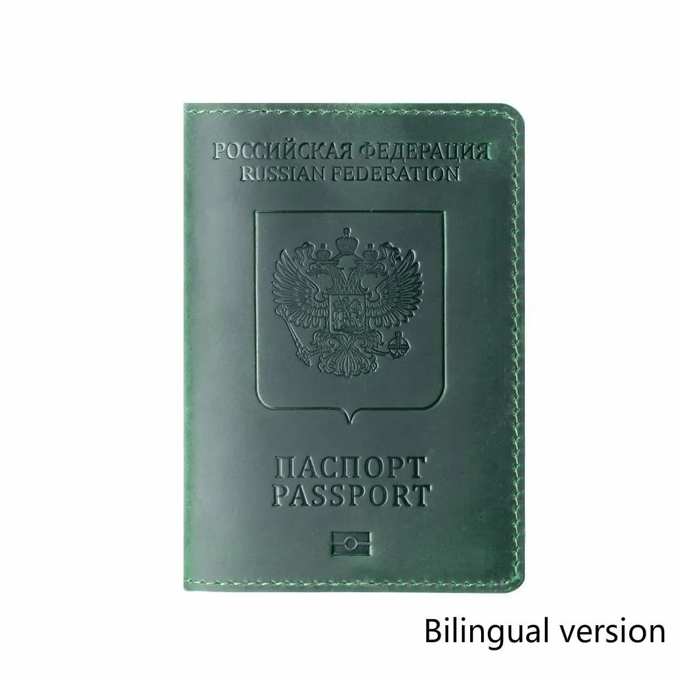 Герб России, логотип, Обложка для паспорта, двуязычная версия, предназначенная для винтажной натуральной кожи Crazy Horse, держатель для карт, чехол для паспорта - Цвет: Green Bilingual