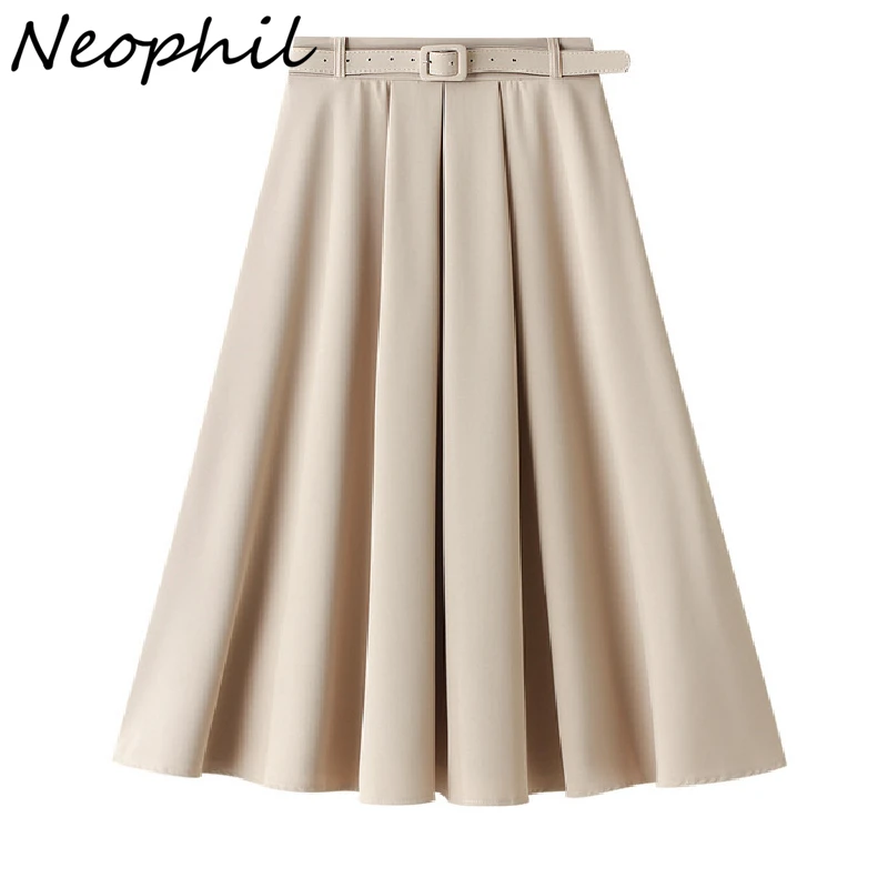 Neophil 2023 Spring Women's Retro Pleated Midi Skirts Sashes High Waist A-Line Skirts Falda Plisada Office Lady Work Wear S21306 women winter wool dress office lady retro fashion flower jacquard knitter mid length dresses female sweater tunics