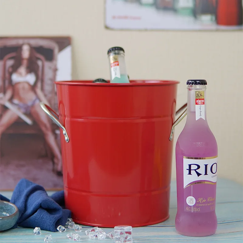 Galvanized Iron Round Ice Bucket Carrying Hotel Bar Champagne Wine Stainless Steel Beer Bottle Bucket
