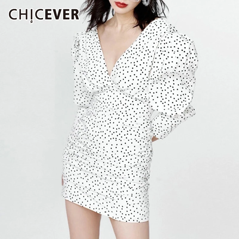 

CHICEVER Sexy Polka Dot Bowknot Dress Women V Neck Puff Sleeve High Waist Pencil Mini Female Dresses 2019 Fashion New Clothes