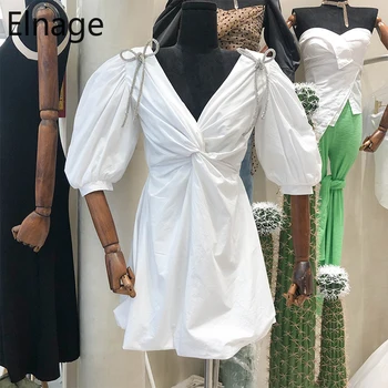 

Elnage Summer Woman Dress Short Sleeve A Line Waist Slim V-neck Cross Fold Pleated White Femme Robe Sexy Vestido Female 5A860