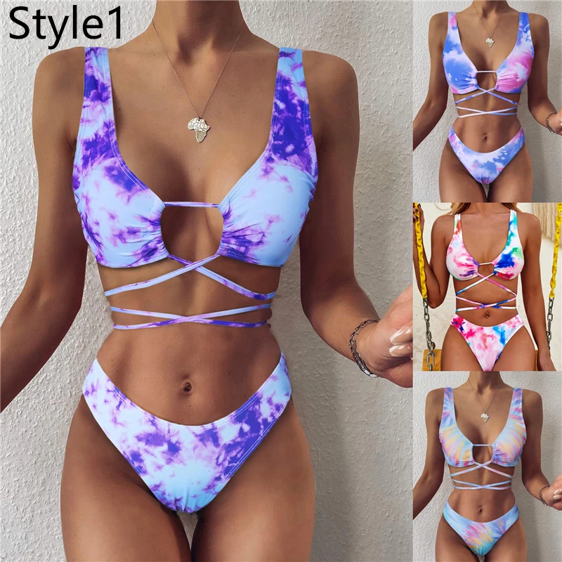 2020 Sexy Bikinis Swimsuit Women Bandage Printing Swimwear Underwire Bikini Set Tie-dye Gradient Bathing Suits Summer Beach Wear