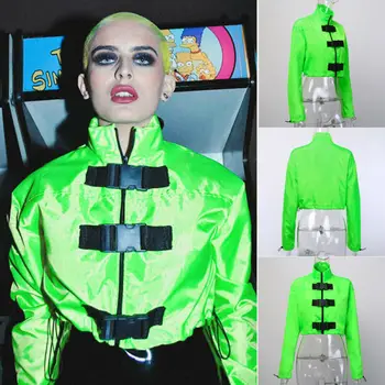 

Fashion Neon Green Womens Zipper Buckle Windbreaker Jacket Long Sleeve Zipper Casuuual Streetwear Elastic Drawstring Coat