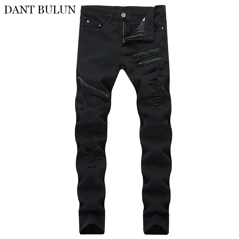 DANTBULUN Fashion Brand Mens Slim High Street Ripped Jeans Men Straight Denim Trousers Zipper Patchwork Black Hole Jeans For Men mens fashion jeans casual pants for man slim fit hole ripped trousers