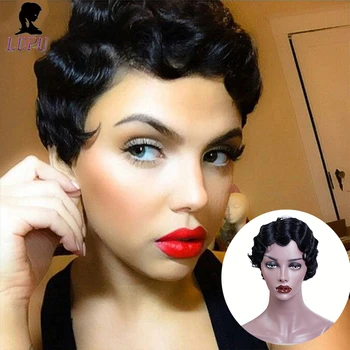 

LUPU Synthetic Hair Short Finger Wave Wig Natural Black Pink Orange Color Pixie Cut Cosplay Wigs For African American Women